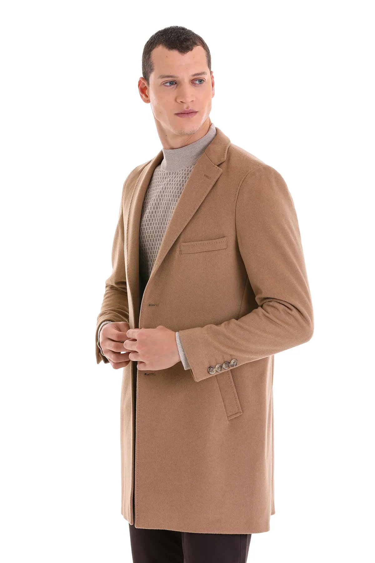 Slim Fit Chest Pocket Notch Lapel Camel Wool Blend Overcoat