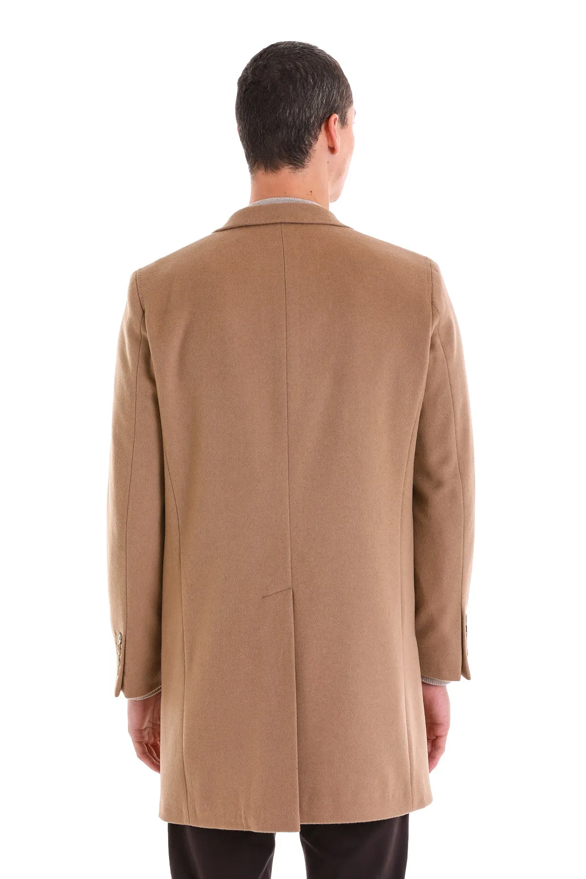 Slim Fit Chest Pocket Notch Lapel Camel Wool Blend Overcoat