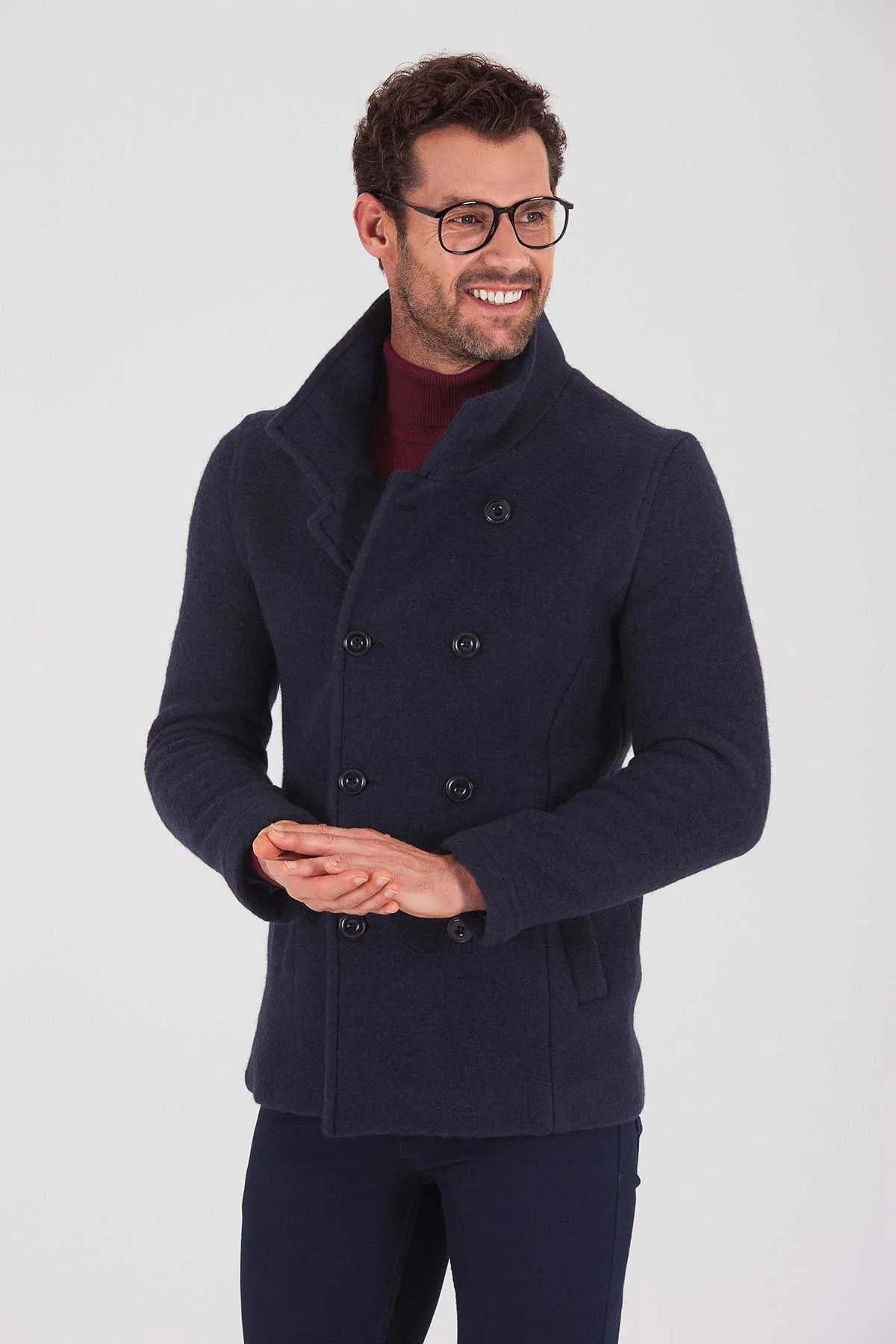 Slim Fit Notch Lapel Alpine Wool Gray Overcoat, Navy 1