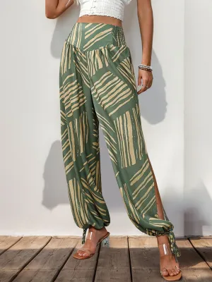 Smocked Slit Printed High Waist Pants