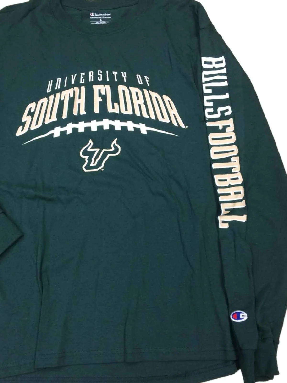 South Florida Bulls Football Champion Green LS "Bulls Football" Crew T-Shirt (L)