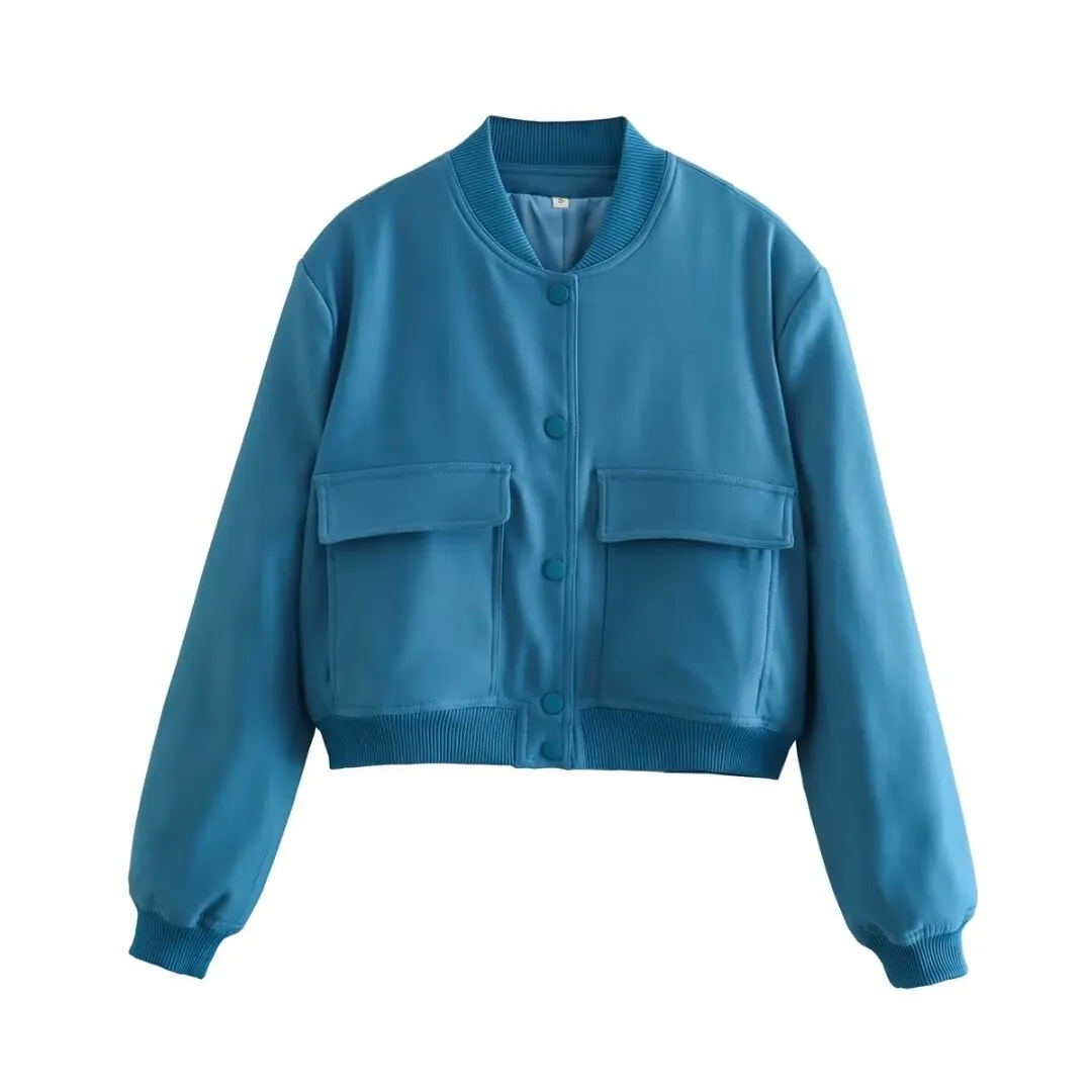 Spring Loose Casual Short Top Large Pocket Bomber Jacket Coat for Women