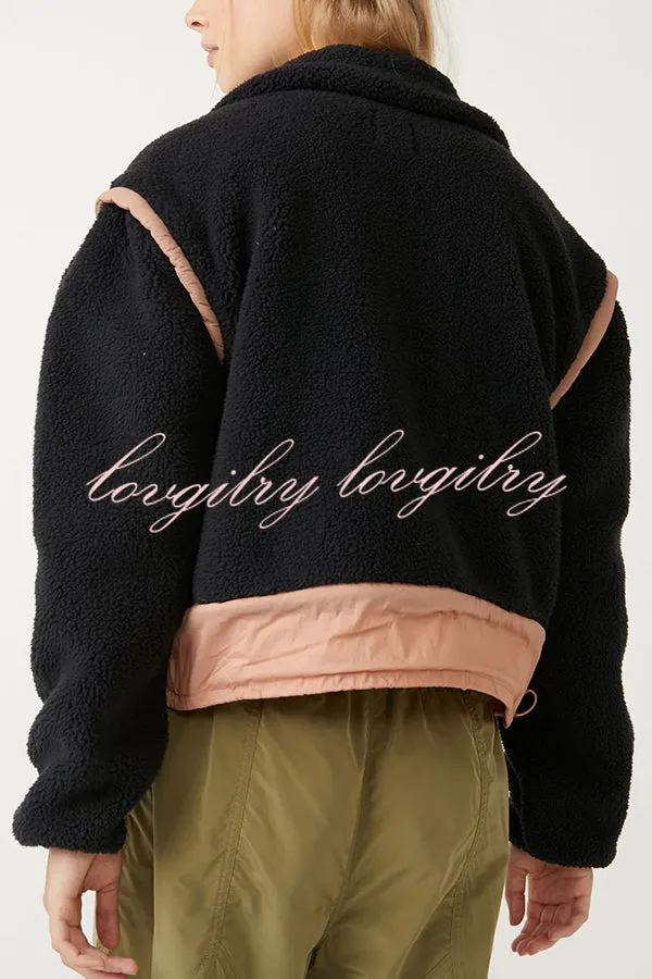 Stylish Patchwork Stand Collar Sherpa Zipper Jacket