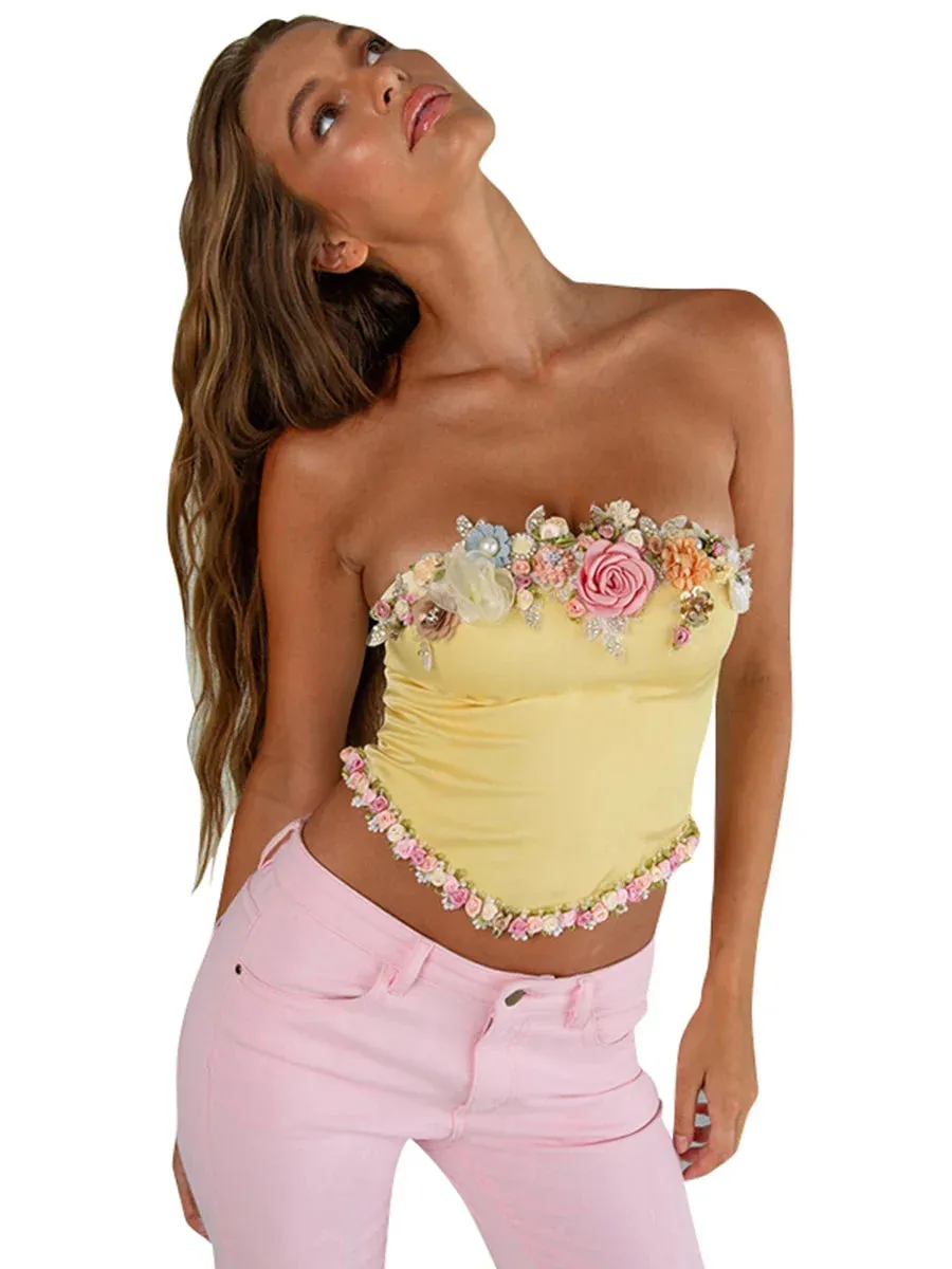 Summer Floral Appliques Bustier Top Vintage Strapless Crop Tank Top