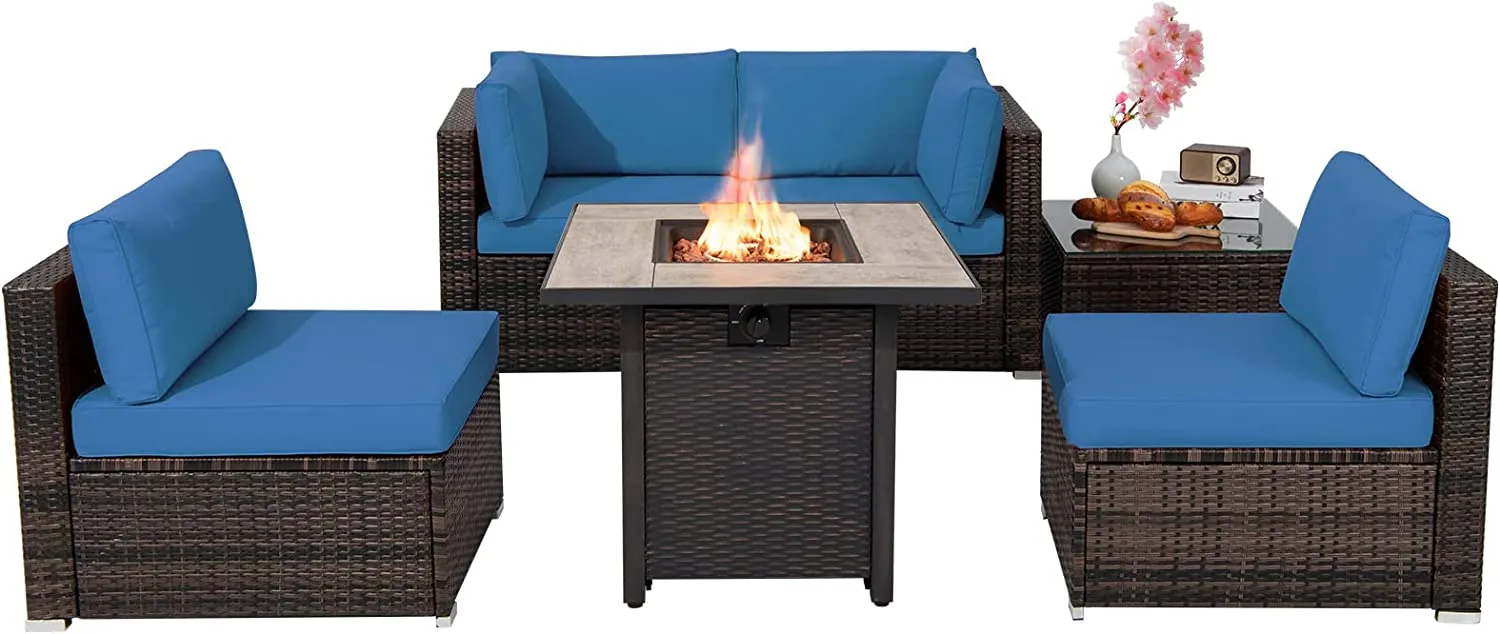 Tangkula 6 Piece Outdoor Rattan Sofa Set with 30in Propane Gas Fire Table