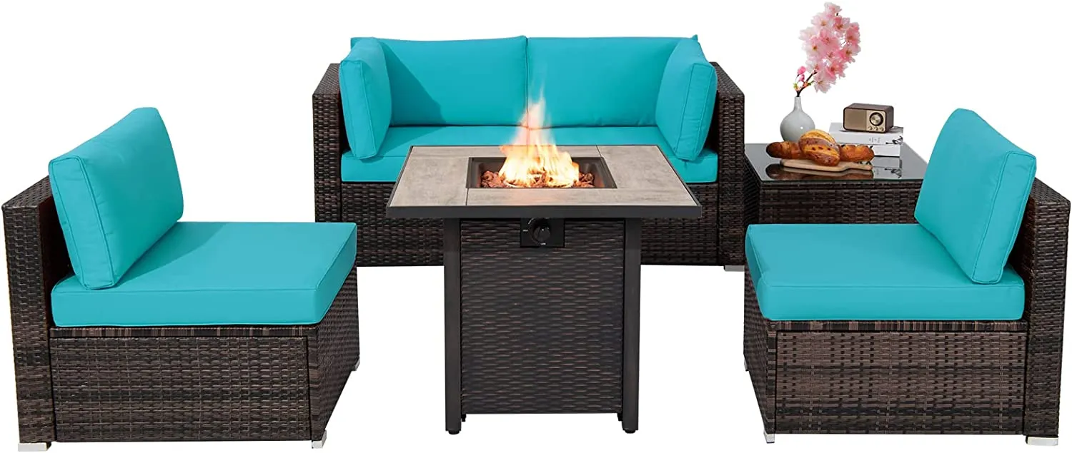 Tangkula 6 Piece Outdoor Rattan Sofa Set with 30in Propane Gas Fire Table