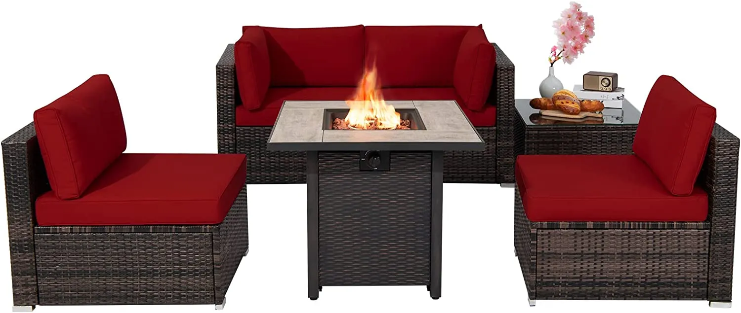 Tangkula 6 Piece Outdoor Rattan Sofa Set with 30in Propane Gas Fire Table