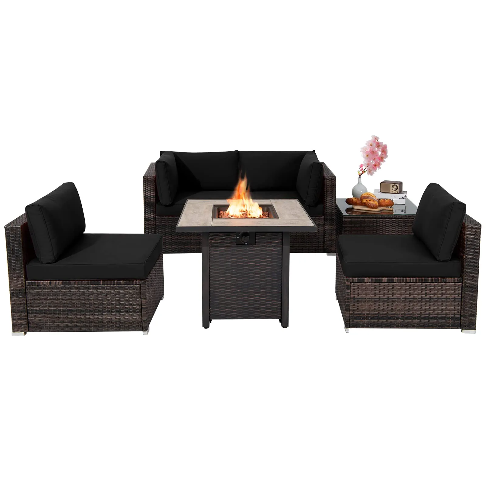 Tangkula 6 Piece Outdoor Rattan Sofa Set with 30in Propane Gas Fire Table