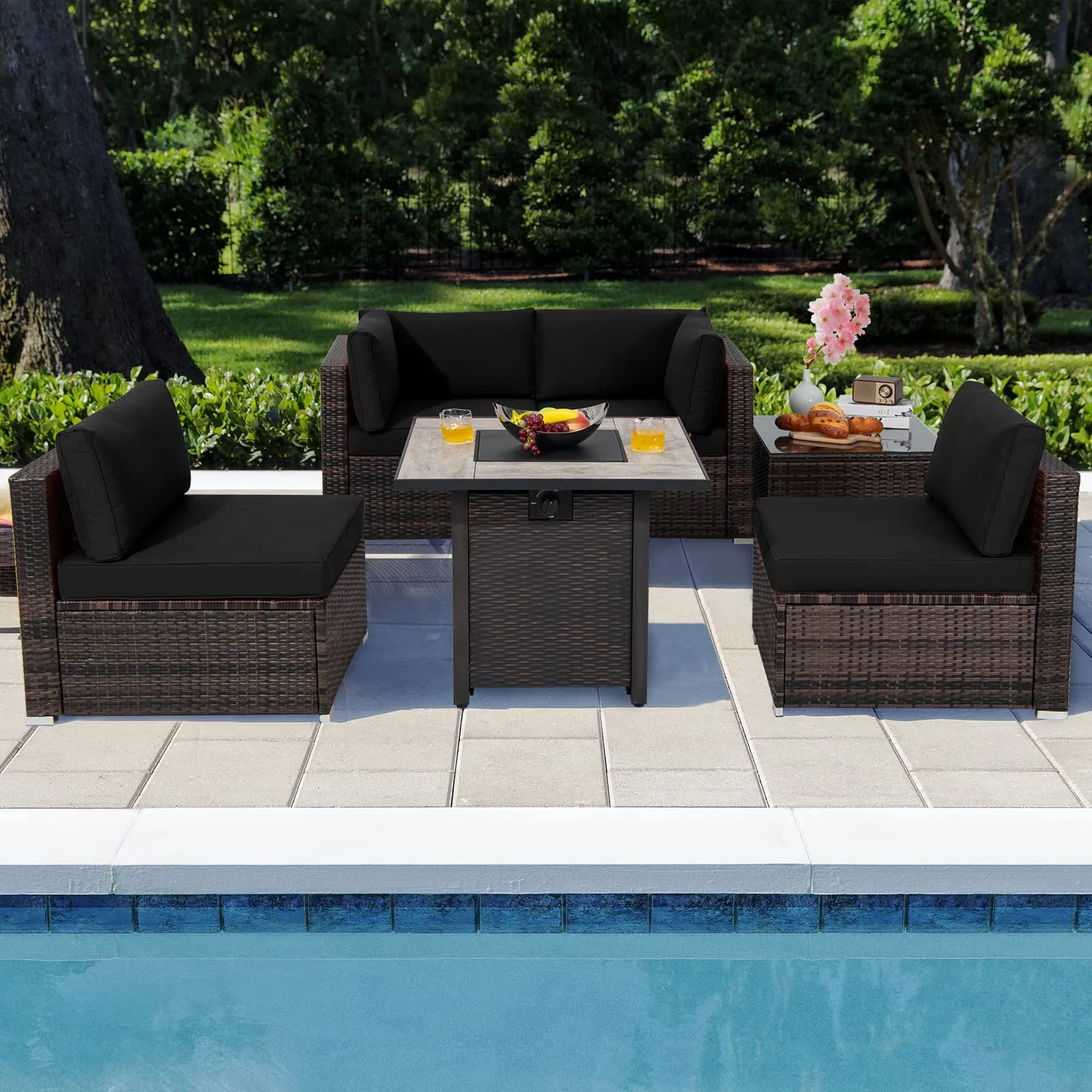 Tangkula 6 Piece Outdoor Rattan Sofa Set with 30in Propane Gas Fire Table