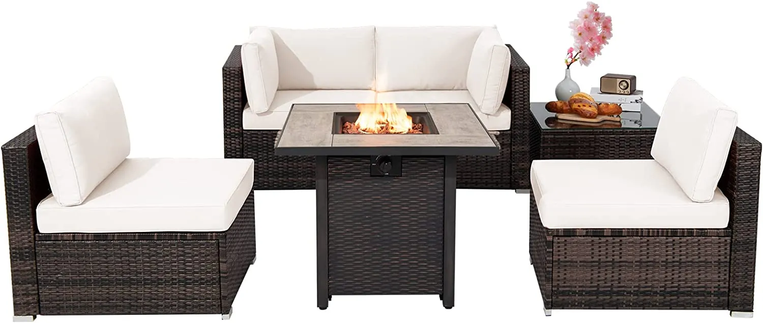 Tangkula 6 Piece Outdoor Rattan Sofa Set with 30in Propane Gas Fire Table