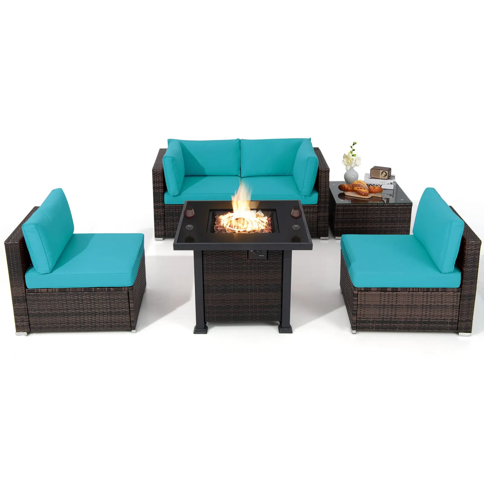 Tangkula 6 Piece Patio Wicker Conversation Set, Outdoor Rattan Sofa Set