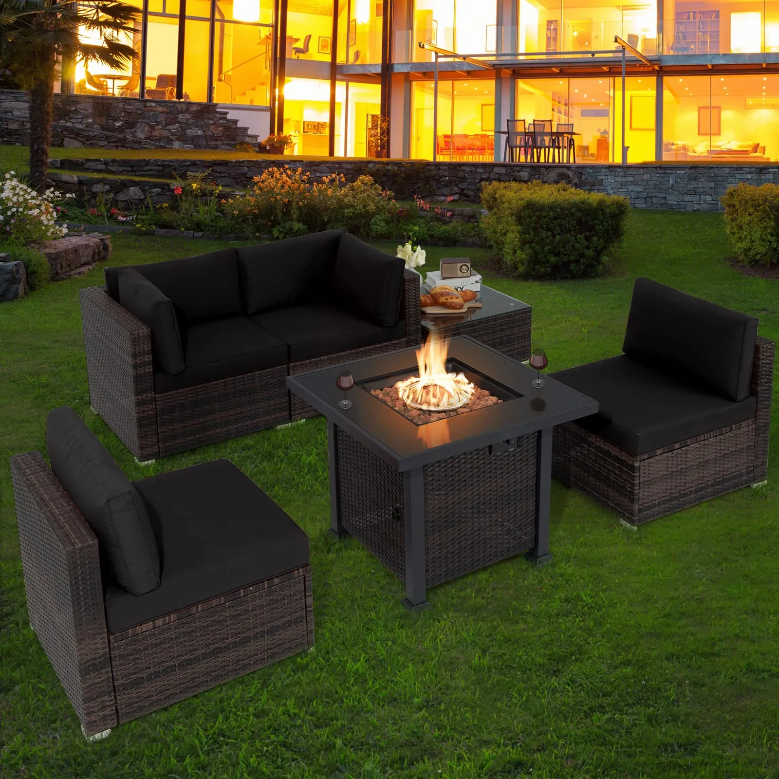 Tangkula 6 Piece Patio Wicker Conversation Set, Outdoor Rattan Sofa Set