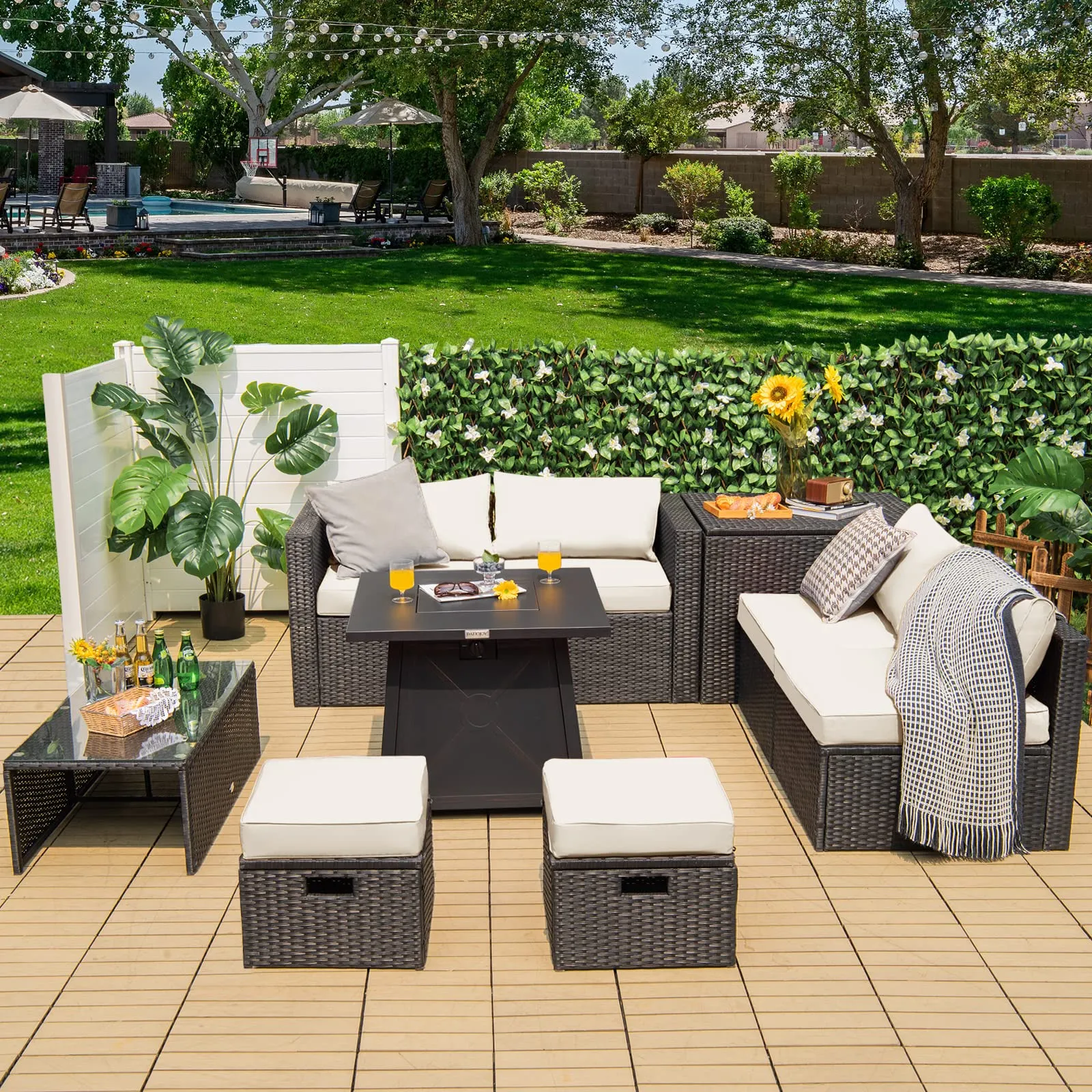 Tangkula 9 Piece Patio Furniture Set w/30 Inches Propane Fire Pit Table, 50,000 BTU Heat Output