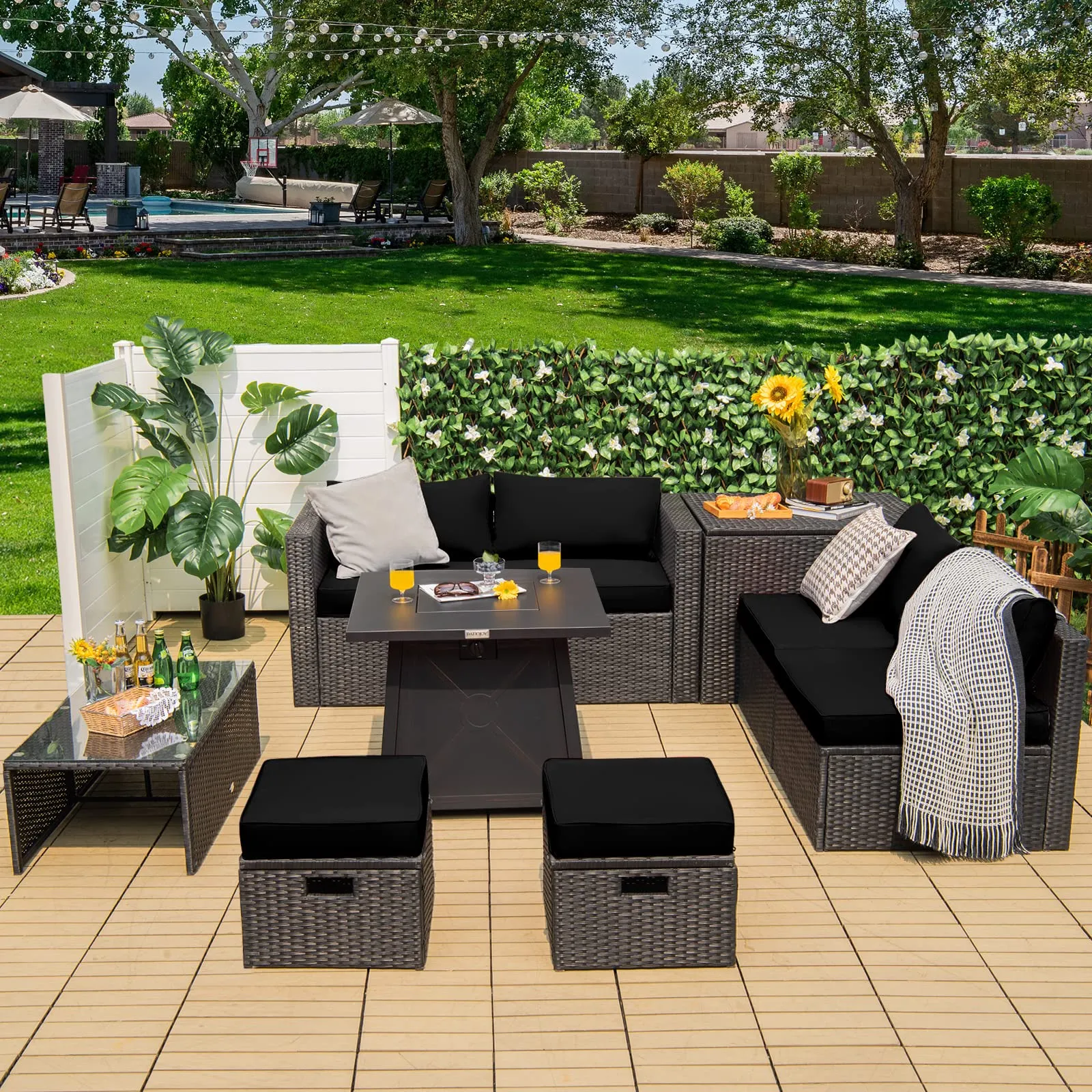 Tangkula 9 Piece Patio Furniture Set w/30 Inches Propane Fire Pit Table, 50,000 BTU Heat Output