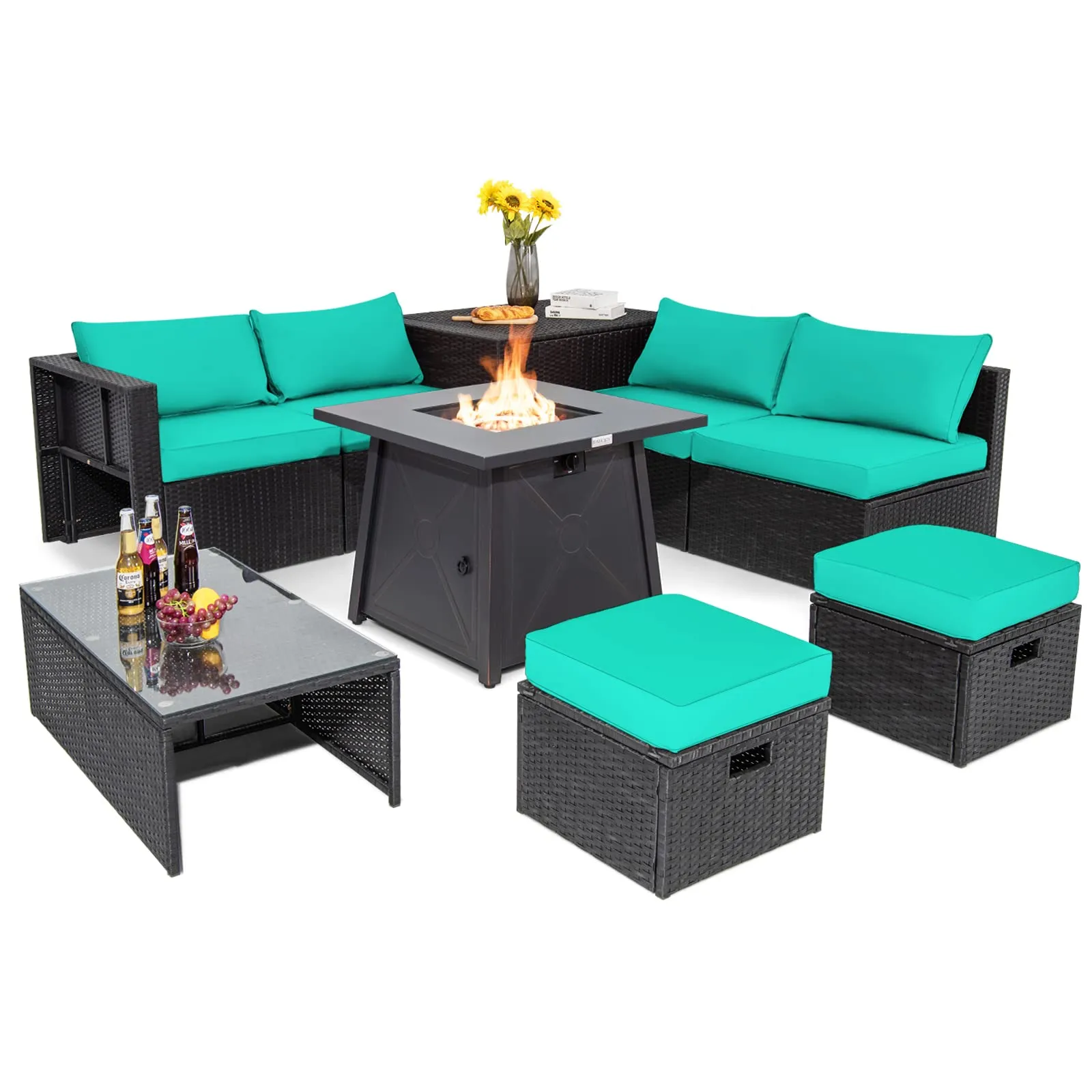 Tangkula 9 Piece Patio Furniture Set w/30 Inches Propane Fire Pit Table, 50,000 BTU Heat Output