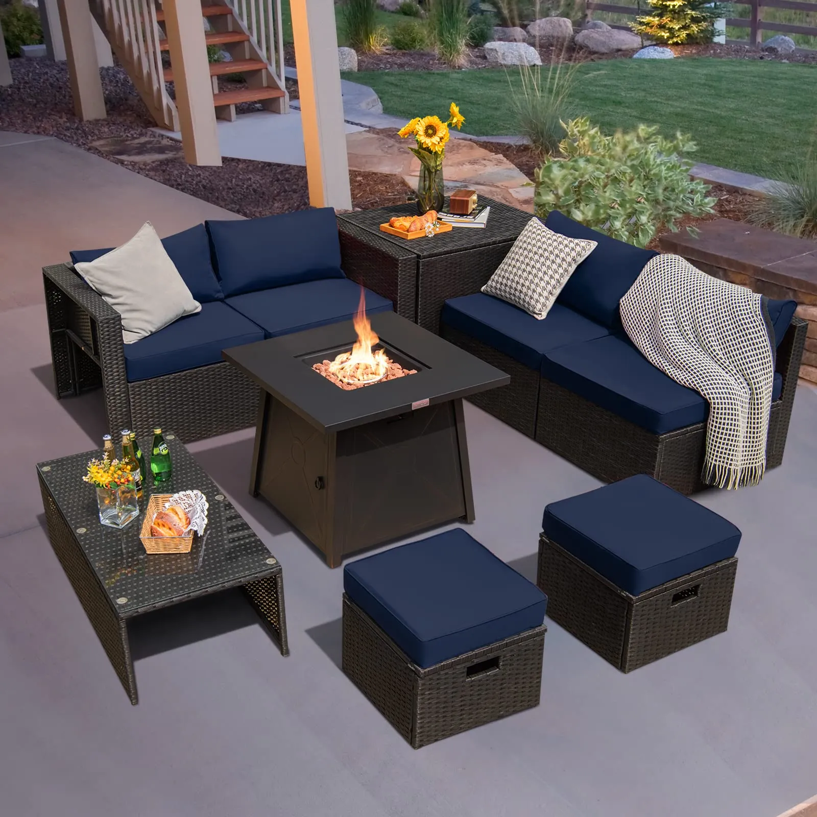 Tangkula 9 Piece Patio Furniture Set w/30 Inches Propane Fire Pit Table, 50,000 BTU Heat Output