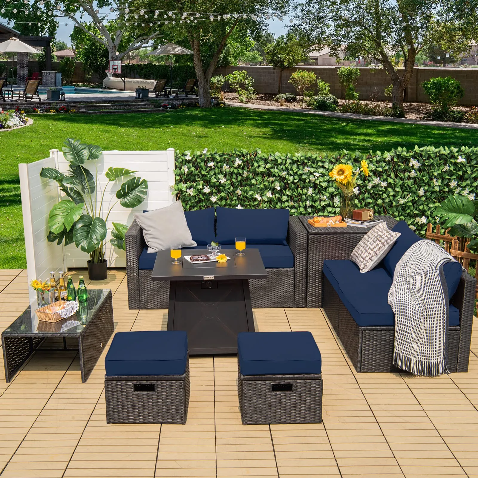 Tangkula 9 Piece Patio Furniture Set w/30 Inches Propane Fire Pit Table, 50,000 BTU Heat Output