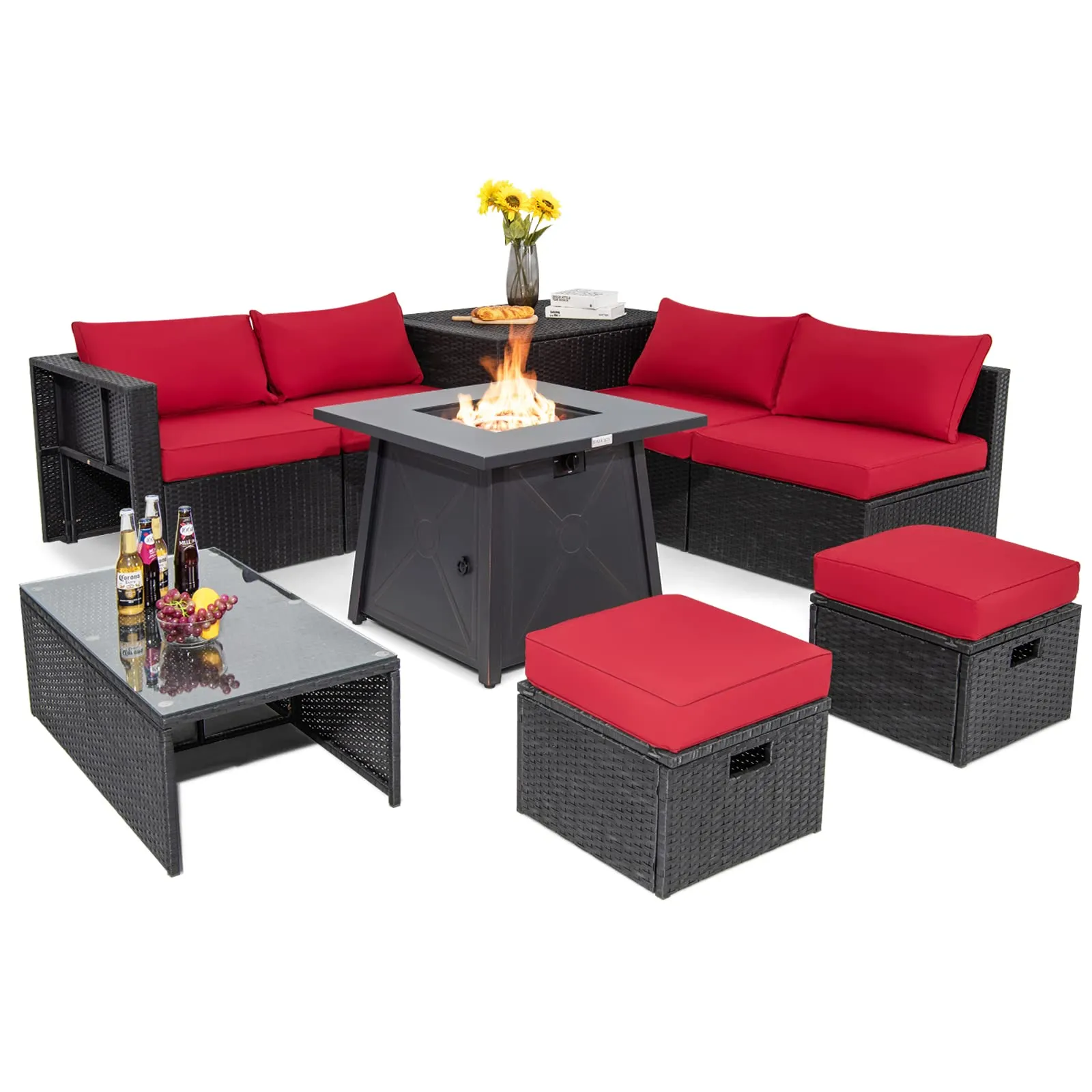 Tangkula 9 Piece Patio Furniture Set w/30 Inches Propane Fire Pit Table, 50,000 BTU Heat Output