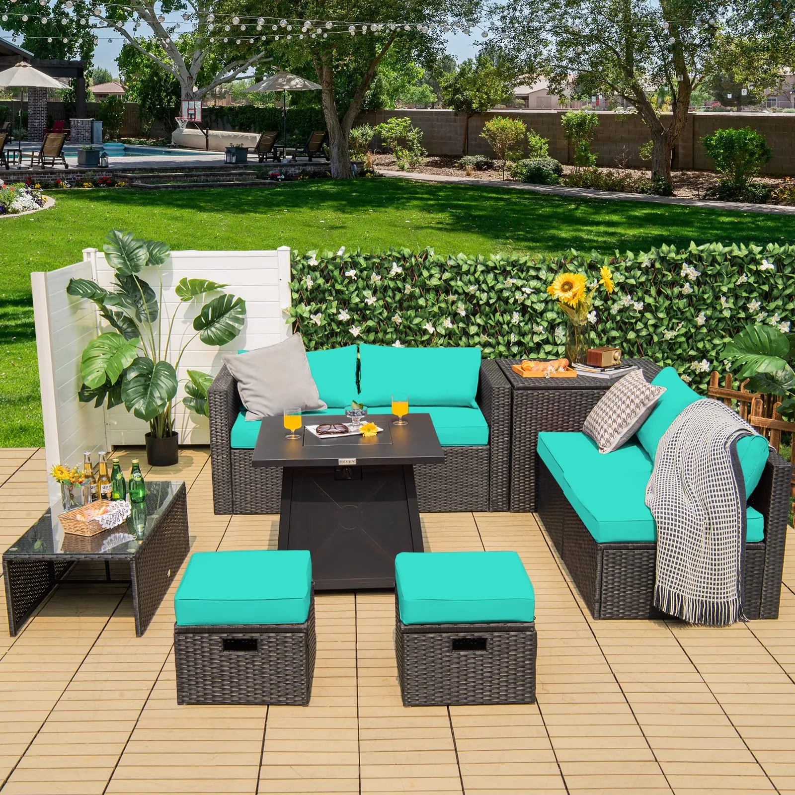 Tangkula 9 Piece Patio Furniture Set w/30 Inches Propane Fire Pit Table, 50,000 BTU Heat Output