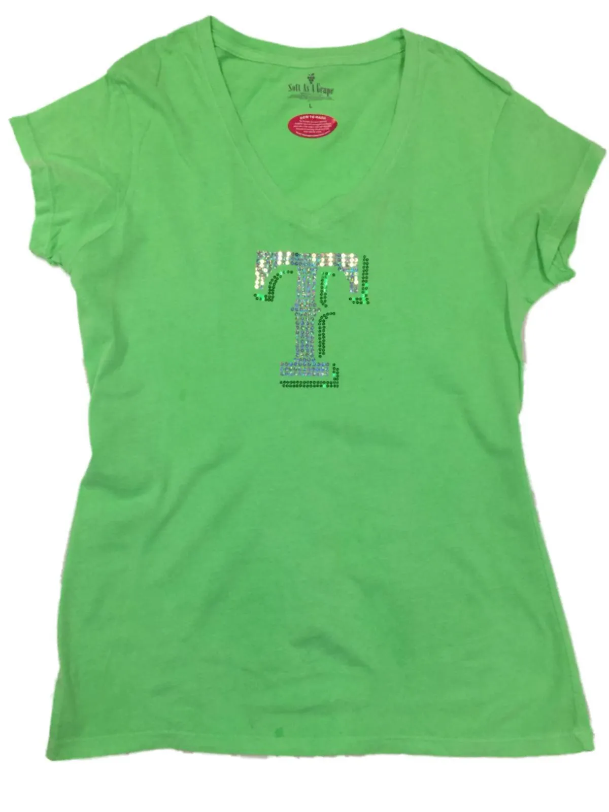 Texas Rangers SAAG Women Neon Green Sequin "T" Soft Cotton V-Neck T-Shirt