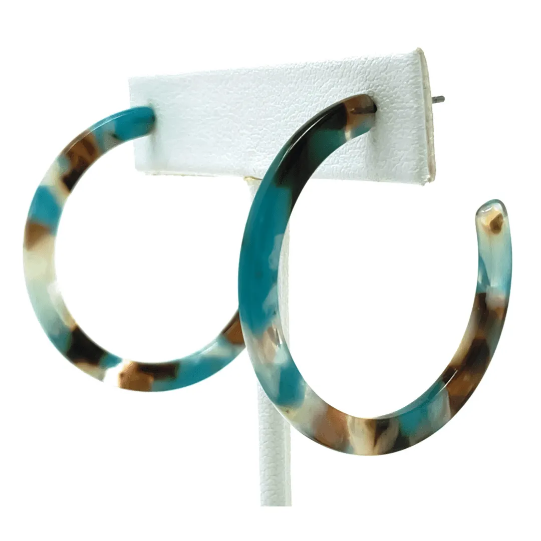 Turquoise & Brown Marbled Resin Hoop Earrings