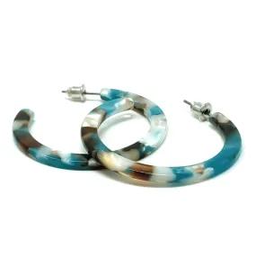 Turquoise & Brown Marbled Resin Hoop Earrings