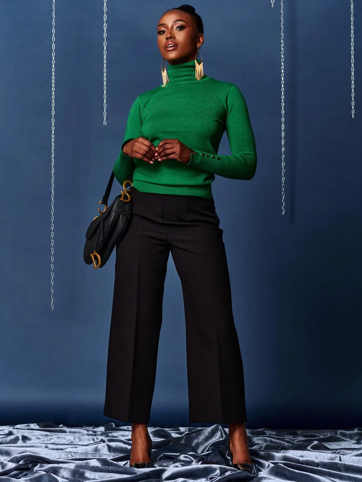 Turtleneck Fine Knit Fittted Jumper, Green