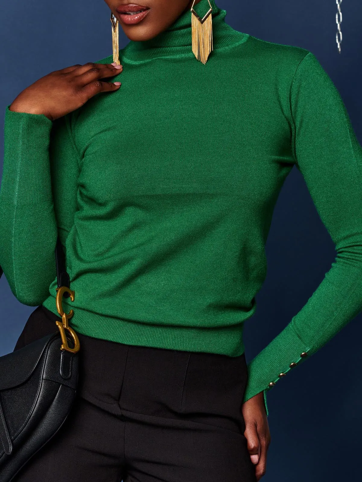 Turtleneck Fine Knit Fittted Jumper, Green