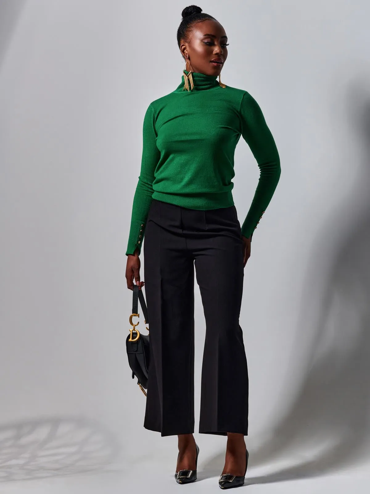 Turtleneck Fine Knit Fittted Jumper, Green