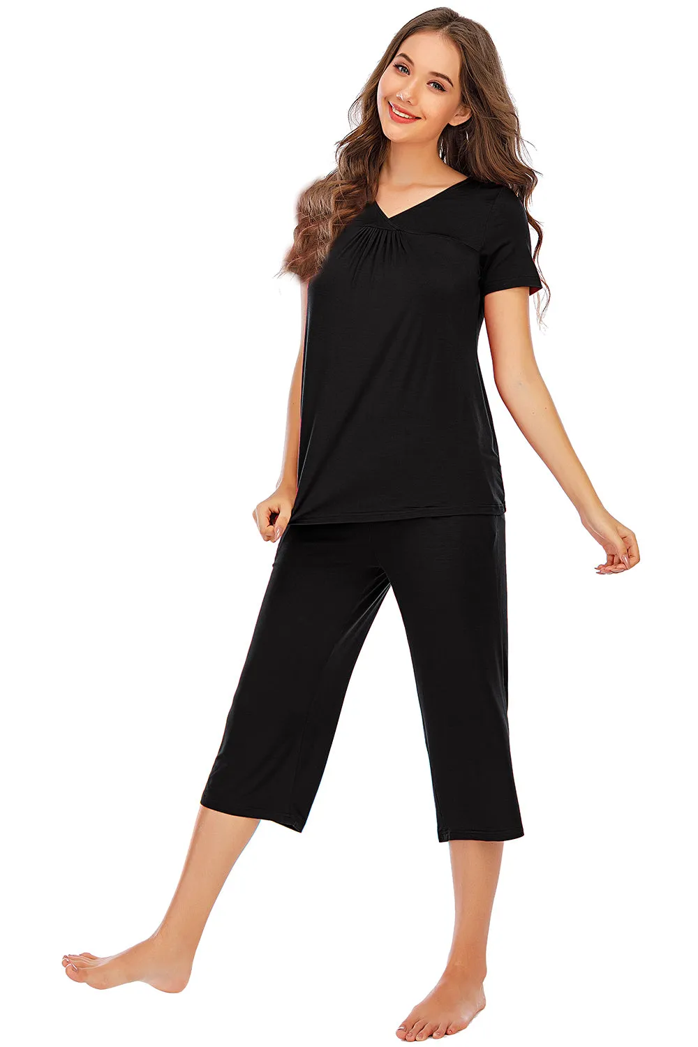 V-Neck Short Sleeve Top and Pants Lounge Set