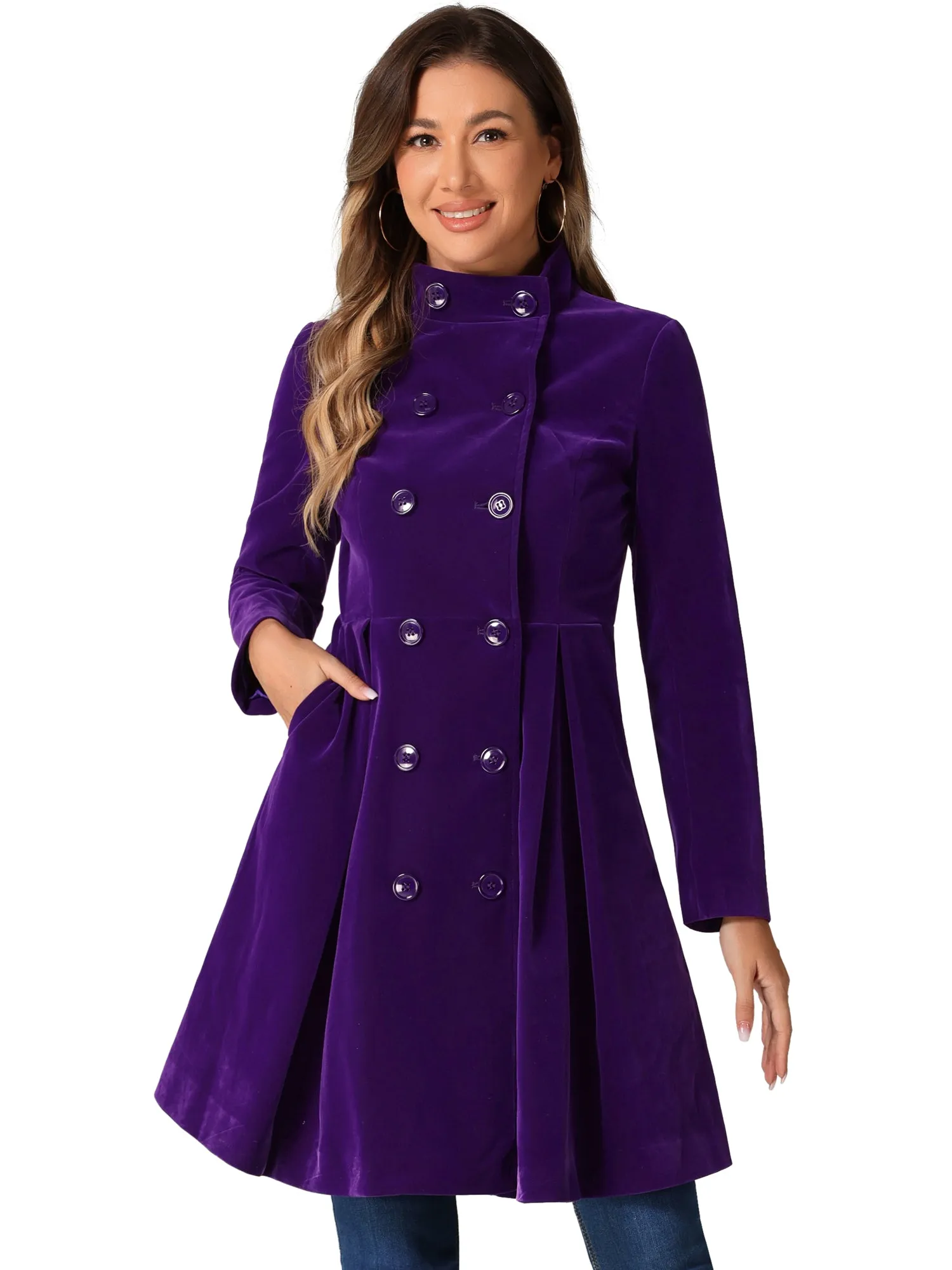 Velvet A-Line Stand Collar Double Breasted Winter Trench Coat