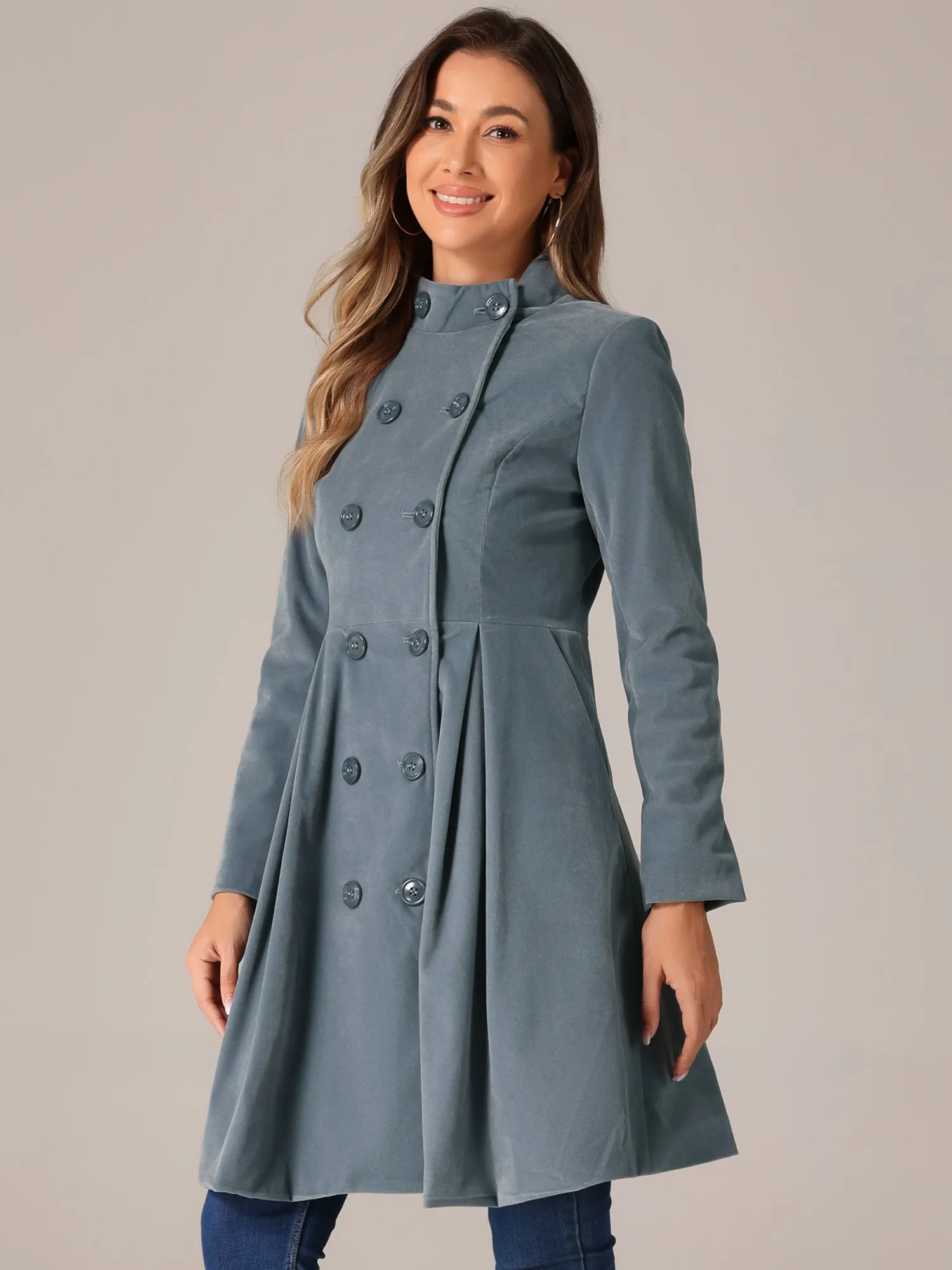 Velvet A-Line Stand Collar Double Breasted Winter Trench Coat