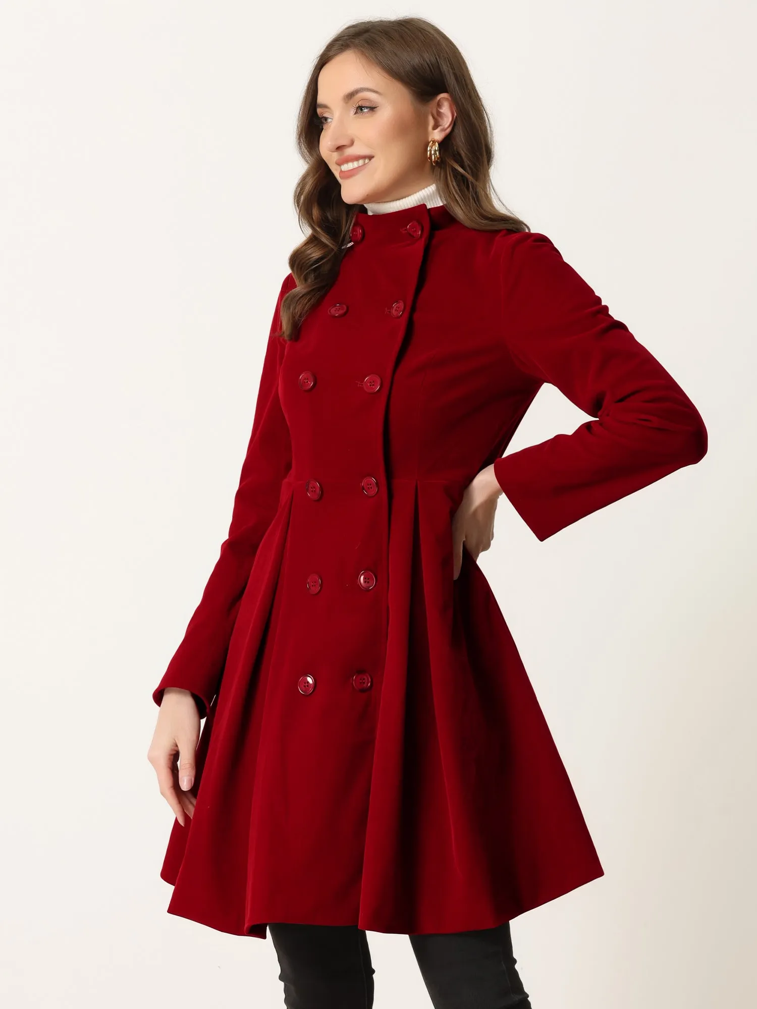 Velvet A-Line Stand Collar Double Breasted Winter Trench Coat