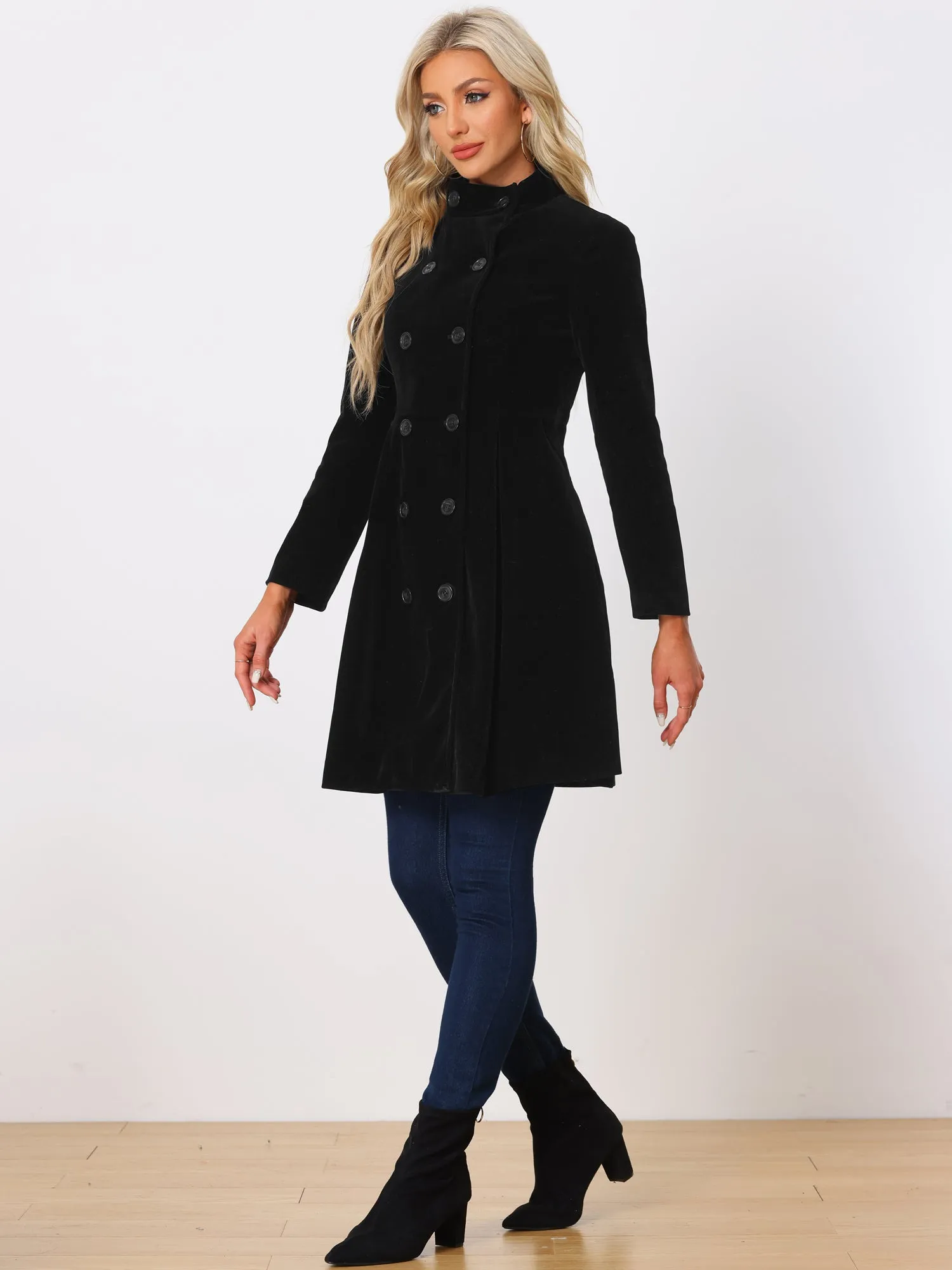 Velvet A-Line Stand Collar Double Breasted Winter Trench Coat