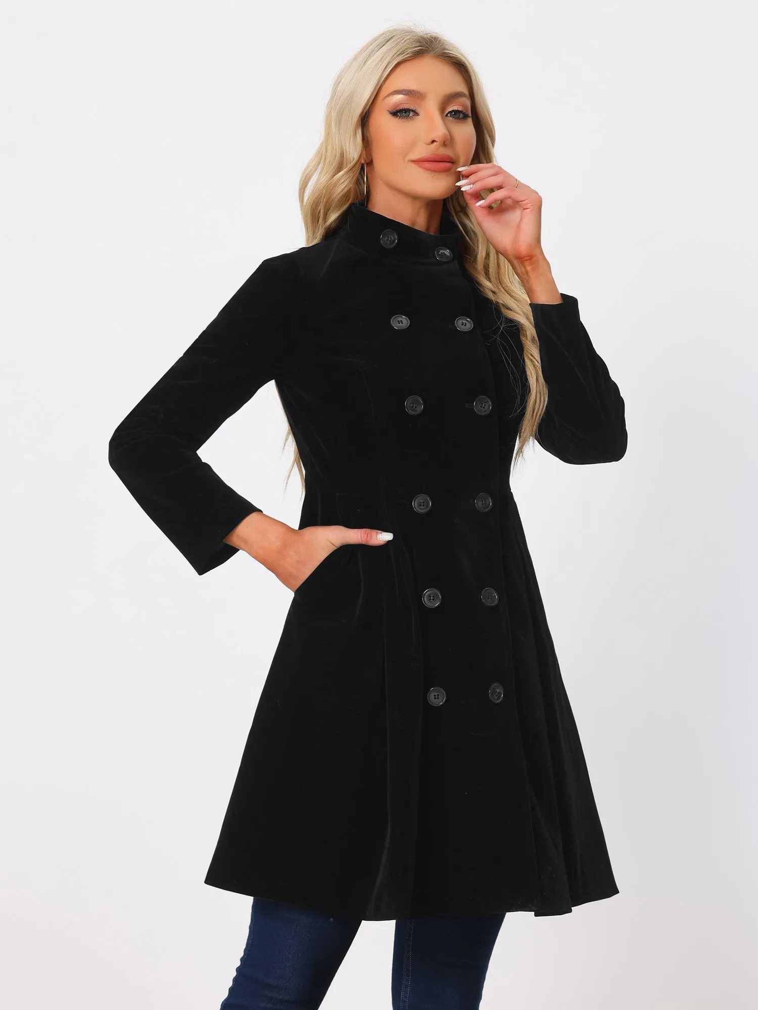 Velvet A-Line Stand Collar Double Breasted Winter Trench Coat