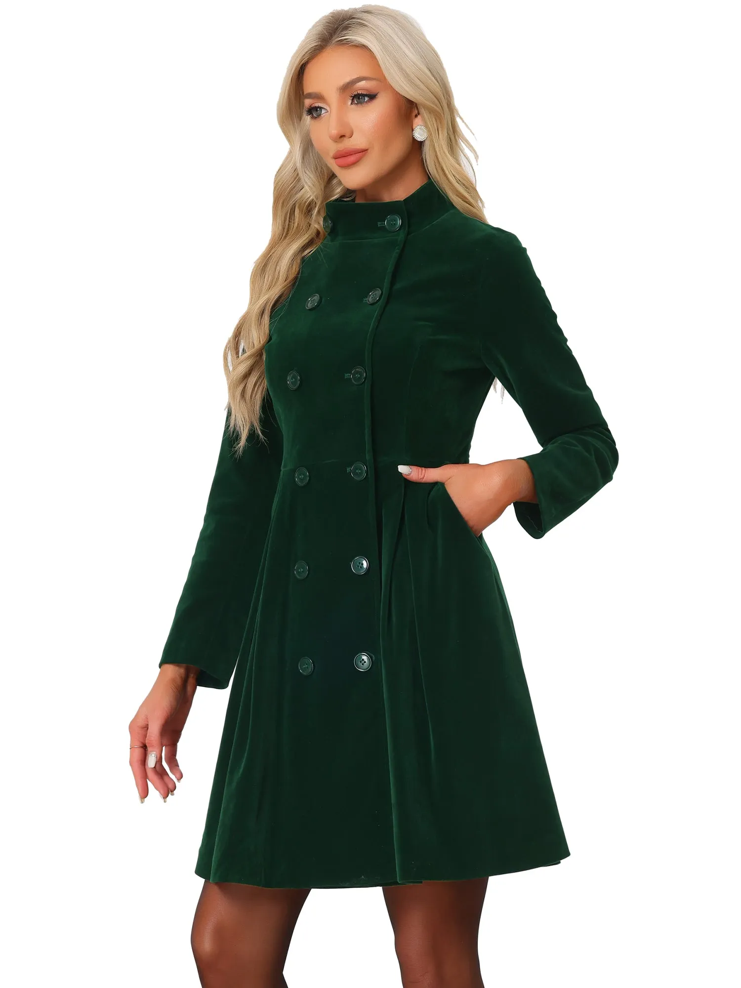 Velvet A-Line Stand Collar Double Breasted Winter Trench Coat