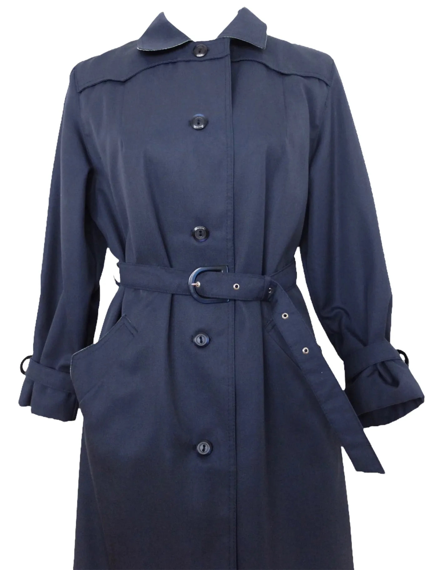 Vintage 60s Mod Hippie Preppy Chic Dark Navy Blue Belted Collared Button Down Trench Coat | Size S