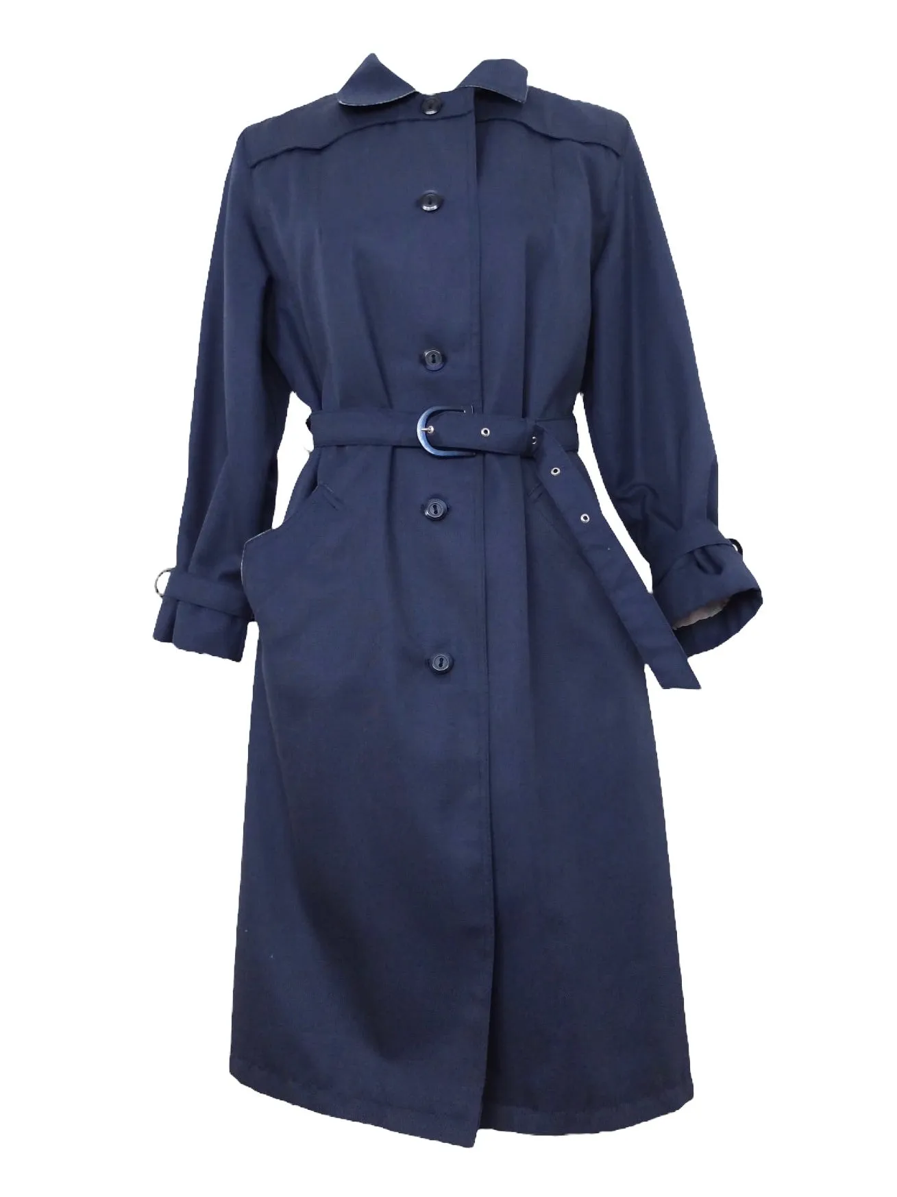 Vintage 60s Mod Hippie Preppy Chic Dark Navy Blue Belted Collared Button Down Trench Coat | Size S