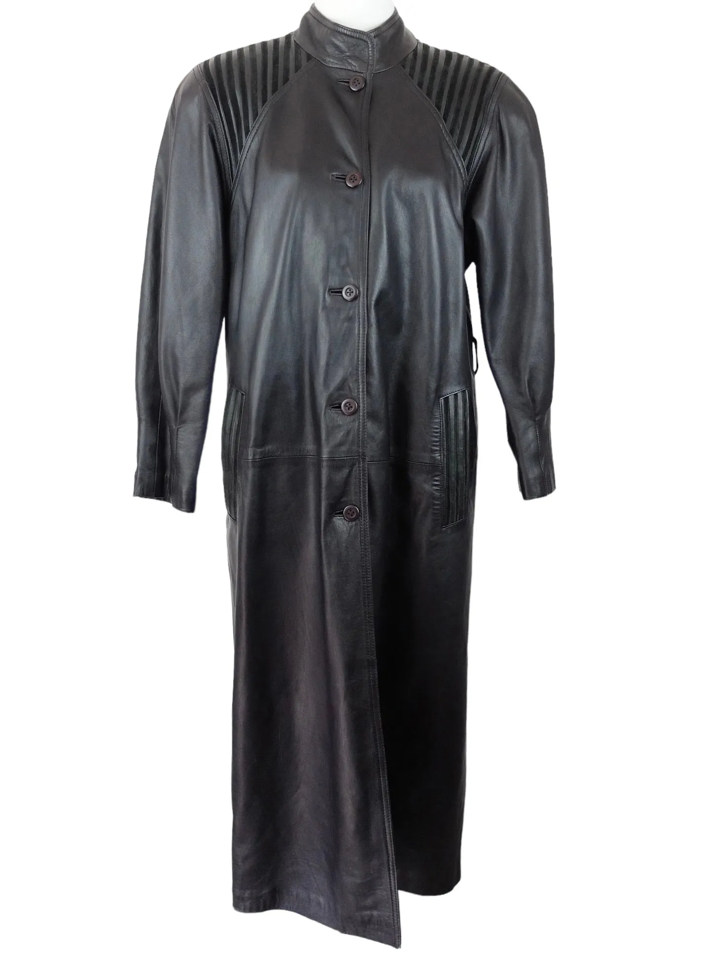 Vintage 80s Chic Gothic Grunge Black Leather Maxi Floor Length High Mockneck Button Down Trench Coat Jacket with Padded Shoulders