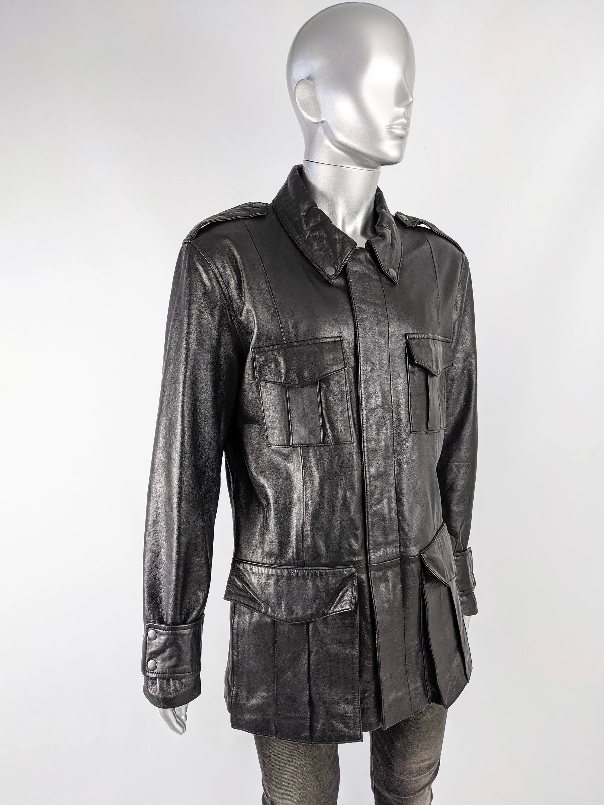 Vintage Mens Safari Style Black Leather Half Norfolk Jacket, 1990s