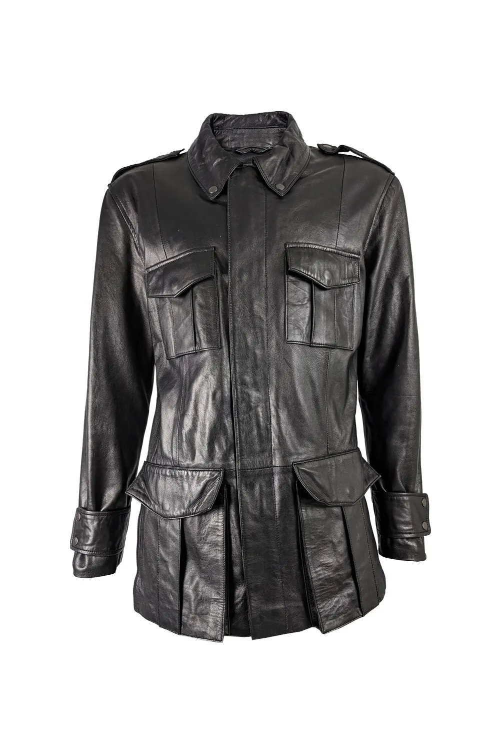 Vintage Mens Safari Style Black Leather Half Norfolk Jacket, 1990s