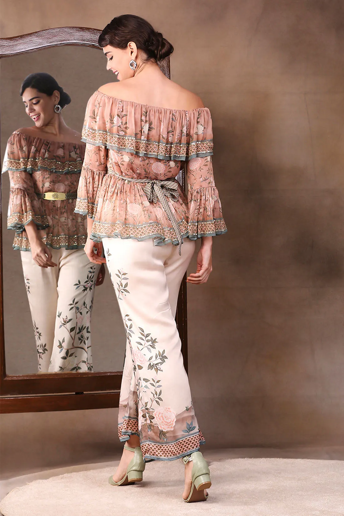 Vintage Trails Printed Off-Shoulder Embroidered Top With Flared Pants