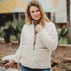 Washed Quilted Jacket with Front Pockets and Zipper Closure - Creamy White