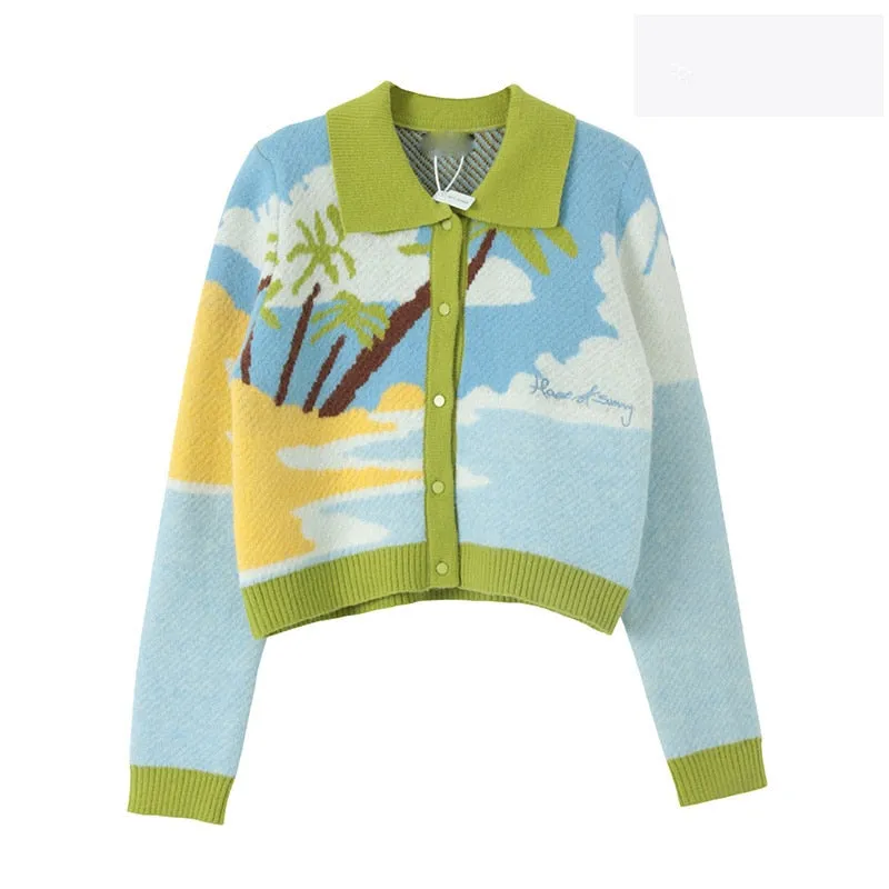 Wenkouban Women Winter Cardigans With Turn-Down Collar Seaside Scenery Print Long Sleeve Knitted Outwear Green Yellow Coat