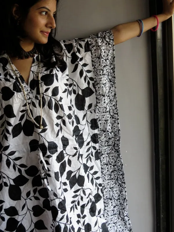 White Black Leafy V-Neck, Knee Length, Cinched Waist Caftan-PP2 fabric Code