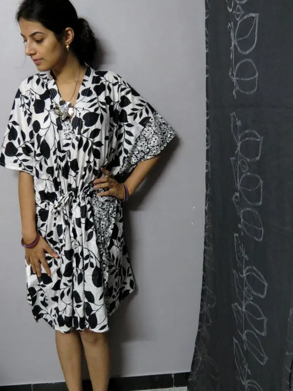 White Black Leafy V-Neck, Knee Length, Cinched Waist Caftan-PP2 fabric Code