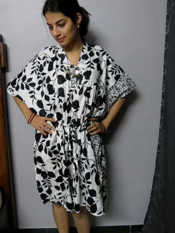 White Black Leafy V-Neck, Knee Length, Cinched Waist Caftan-PP2 fabric Code