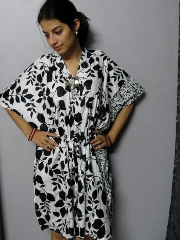 White Black Leafy V-Neck, Knee Length, Cinched Waist Caftan-PP2 fabric Code