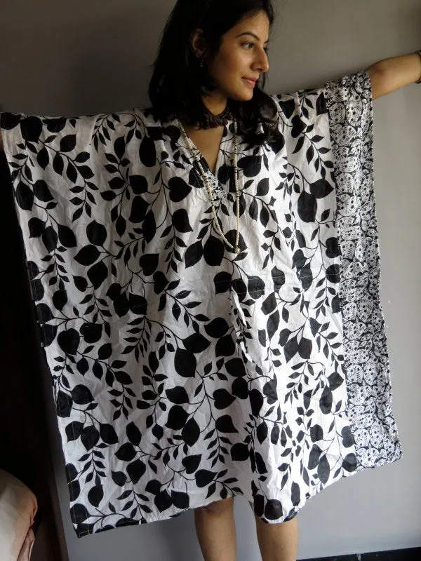 White Black Leafy V-Neck, Knee Length, Cinched Waist Caftan-PP2 fabric Code