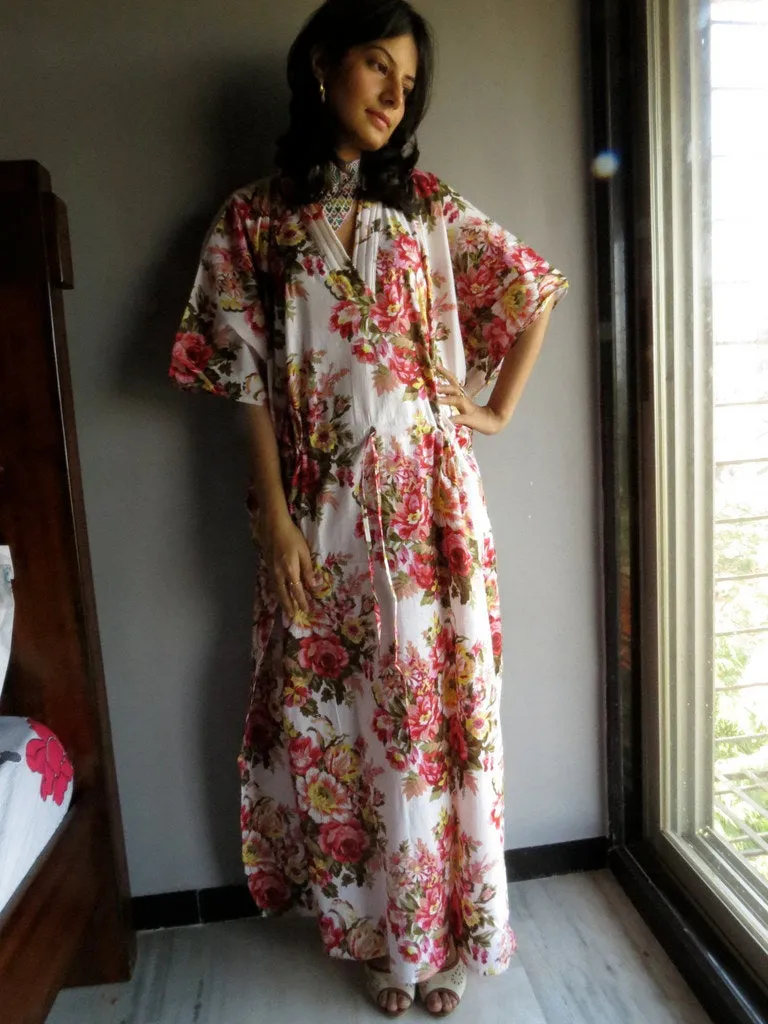 White Floral Rosy Red Posy V-Neck, Ankle Length, Cinched Waist Caftan